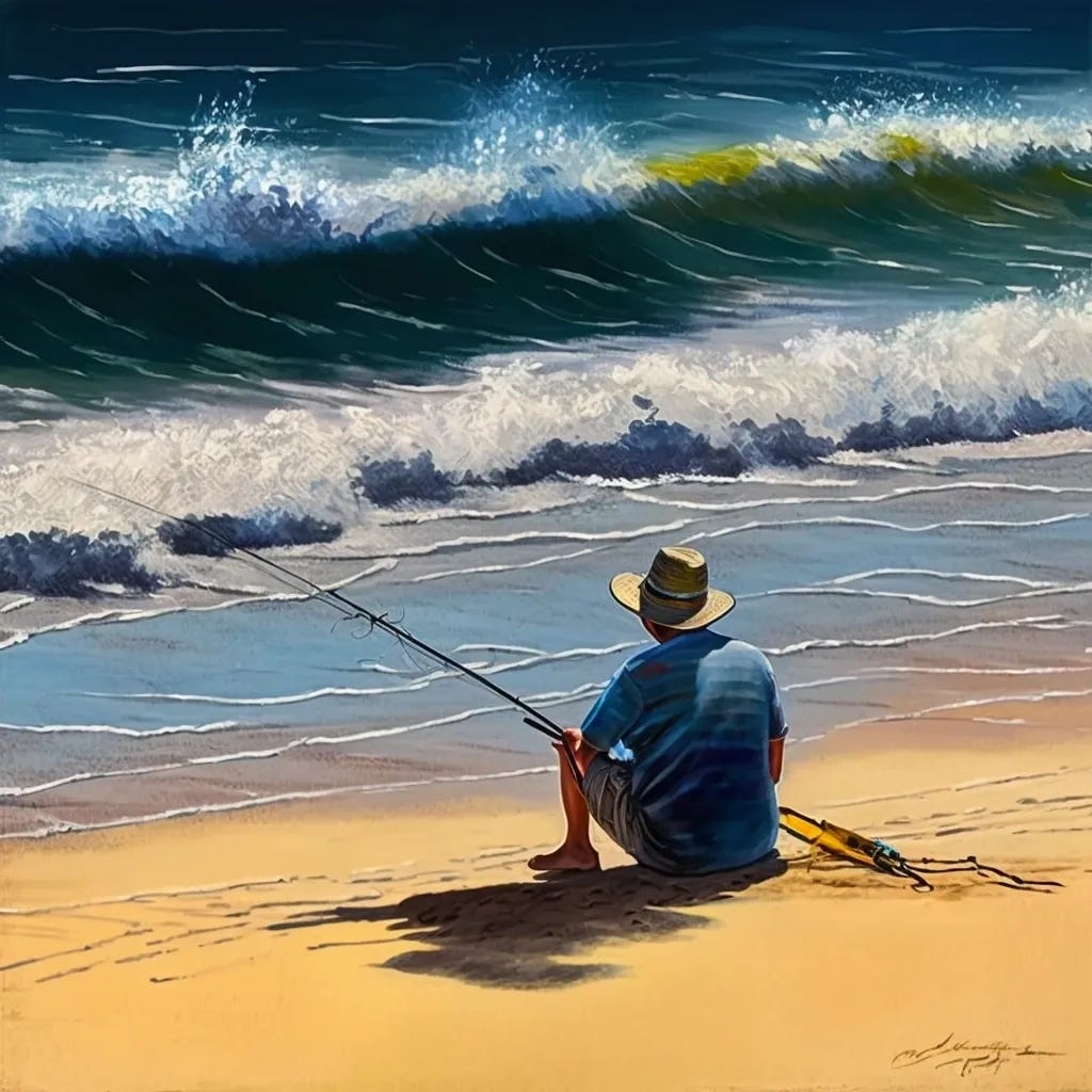 a fisherman was lying on a beautiful beach, with his fishing pole propped up in the sand and his solitary line cast out into the sparkling blue surf. He was enjoying the warmth of the afternoon sun and the prospect of catching a fish