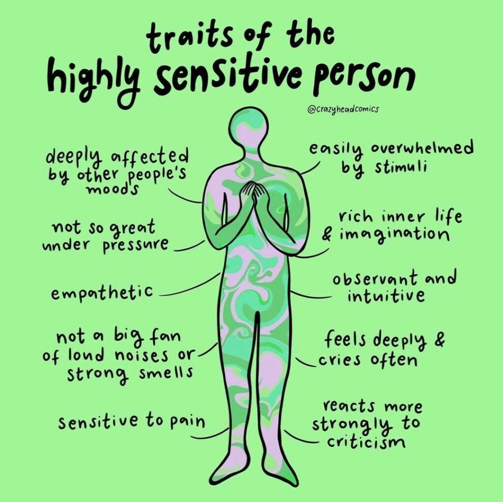 Drawing called “traits of the highly sensitive person” shows a drawing of a green and pink psychedelic swirly person on a green background. Lines coming from the person inclue traits such as “deeply affected by other people’s moods,” “observant and intuitive,” “empathetic,” etc.