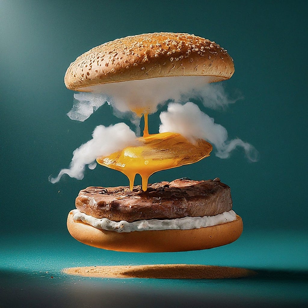 A deconstructed hamburger with steam and melting cheese, symbolizing the transformation of natural ingredients into ultra-processed foods, and the associated health and environmental concerns.