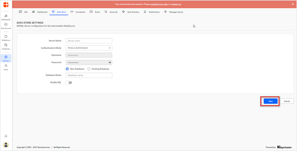 Data storage setting page