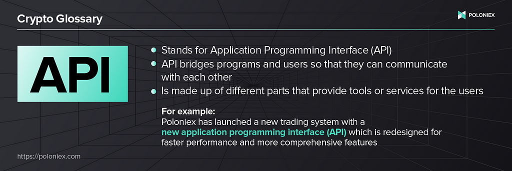 Crypto glossary entry for the term “API”. Gives 3 bullets on its definition and one example sentence.
