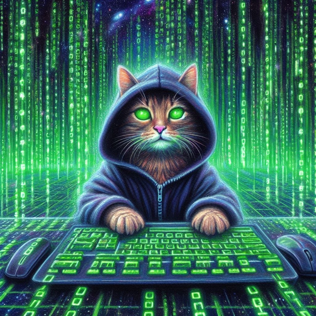 A cat hacking the matrix with green binary code. Digital art, oil pastel, galaxy vibe