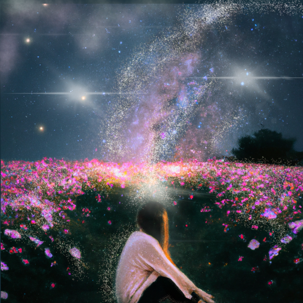 A person sits in a field of flowers, gazing into a starry sky filled with cosmic dust. The scene evokes a sense of connection to the universe and inner contemplation on Star seed.