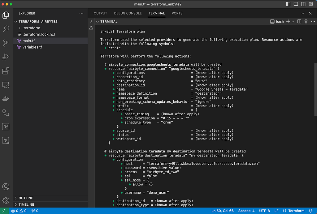 Visual Studio Code interface with the terminal output of a ‘terraform plan’ command showing a planned creation of an Airbyte connection between Google Sheets and Teradata.