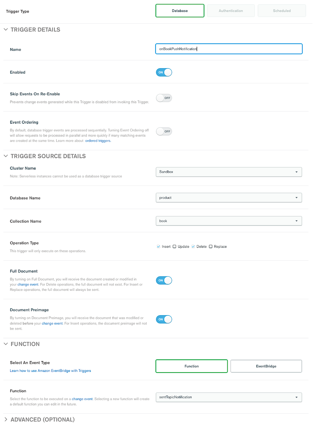 Screenshot of the trigger configuration in the Atlas App Services UI