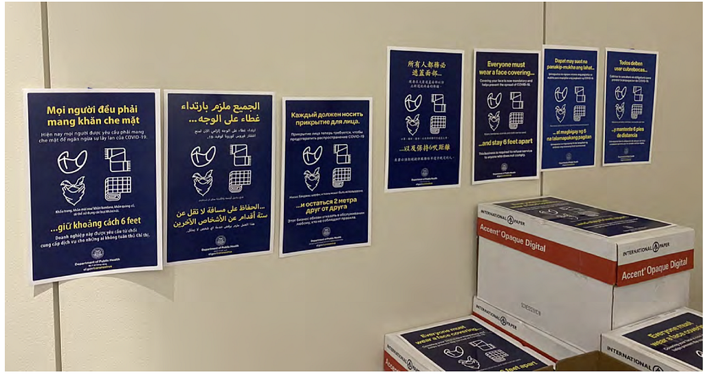 Posters about face coverings are translated into 7 languages to reach as many San Franciscans as possible.