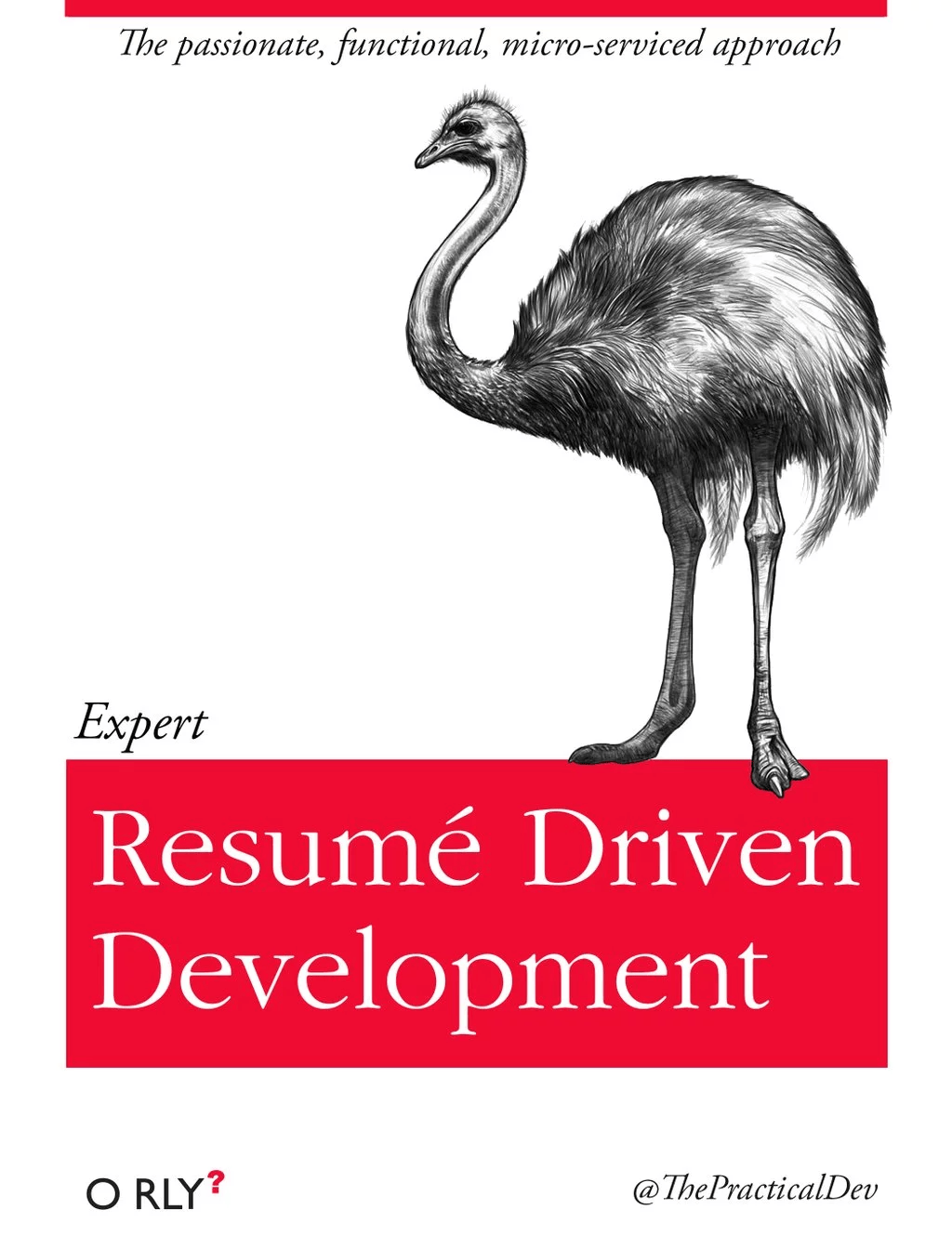 A parody of an O’Reilly book called Expert Resume Driven Development with a large ostrich on the cover. Captioned “the passionate functional micro services approach.”
