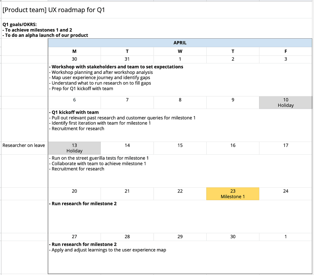 Example of a monthly calendar view with UX activities indicated on specific weeks. UX activities can include: workshop with stakeholders to get alignment, recruitment for research, design sketching sessions with team.