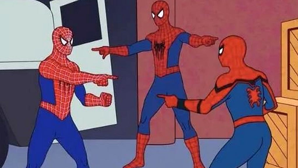 Os três homens-aranha se encarando e surpresos com a existência de mais de uma homem-aranha. Meme criado após o surgimento do multiverso da Marvel.