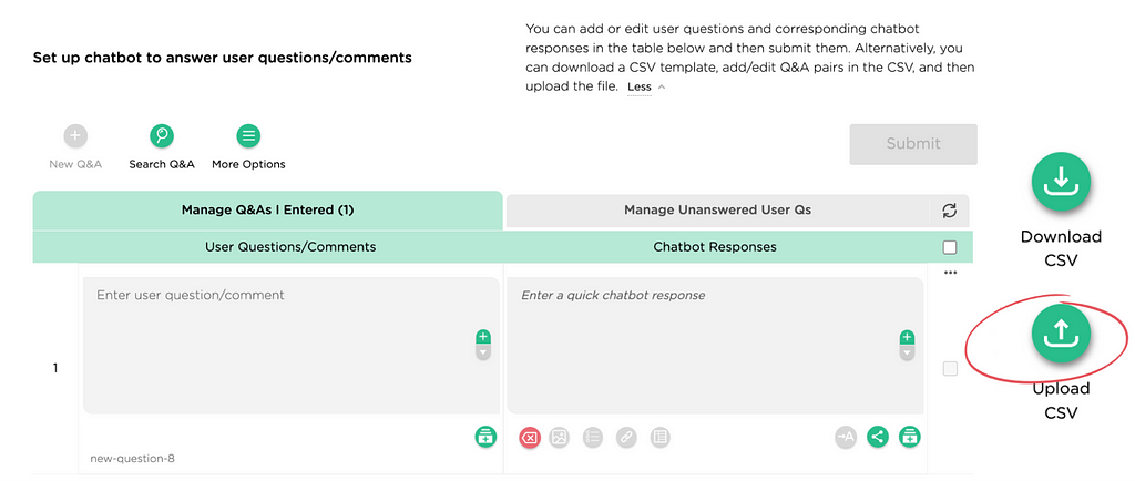 Upload proprietary Q&As in a CSV file for Chatbot Q&As