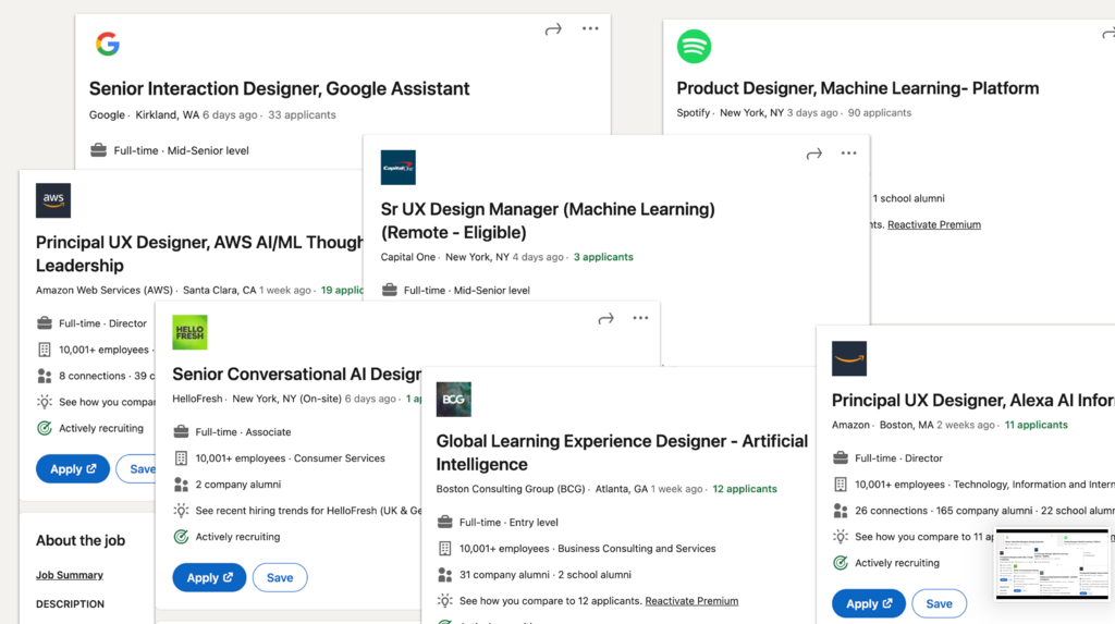 Images of job postings related to AI and design