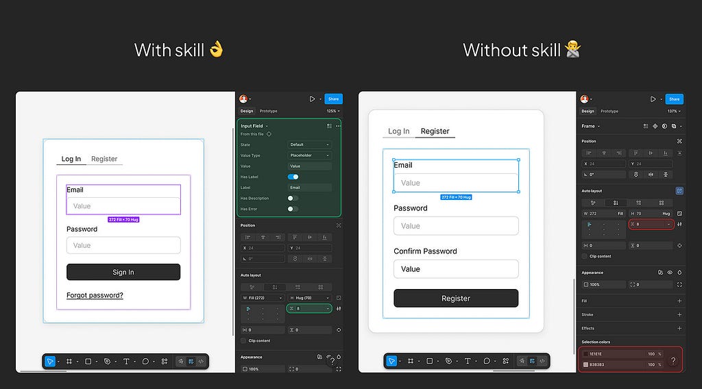 Side-by-side comparison of Figma output. Left (With Skills): Input Field uses a library component instance with variant properties like State and Value Type. Right (Without Skills): visually similar form but Selection Colors shows raw hex values 1E1E1E and B3B3B3 with no design system bindings.
