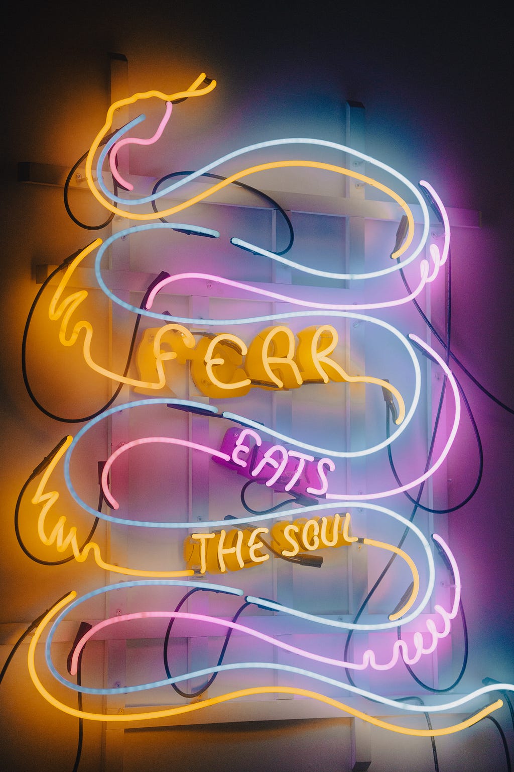 Neon lights make a snake, in the snake is written; “fear eats the soul”