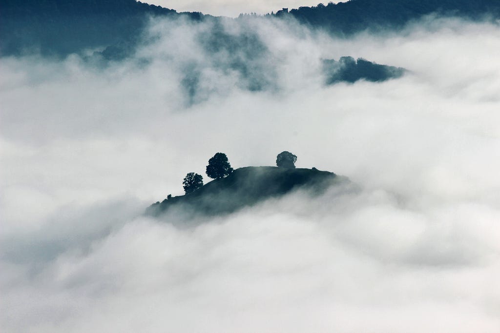 A clear image of a hill and trees jutting out form a blanket of fog
