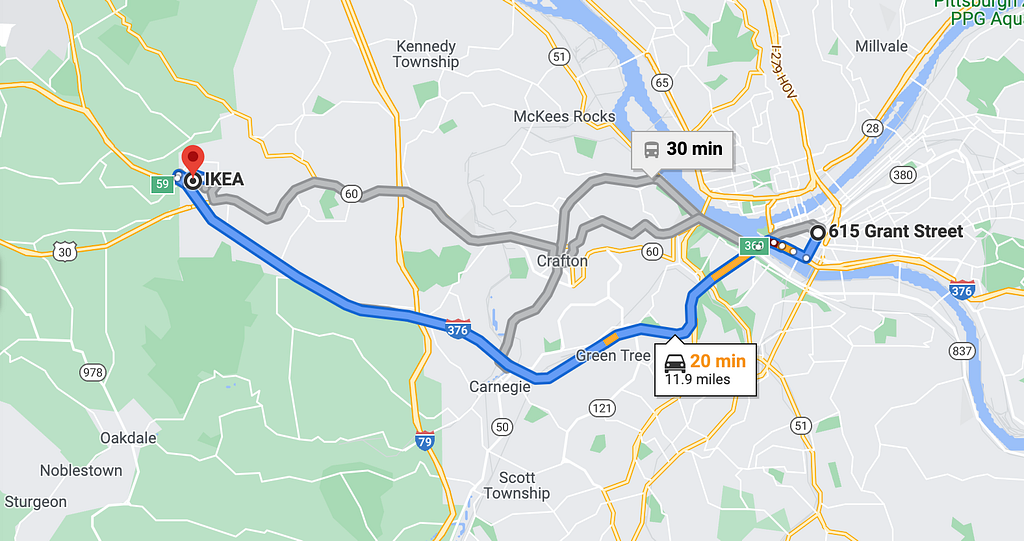 Map of planned route, from downtown Pittsburgh to Ikea 20 minutes away and back. All highway.