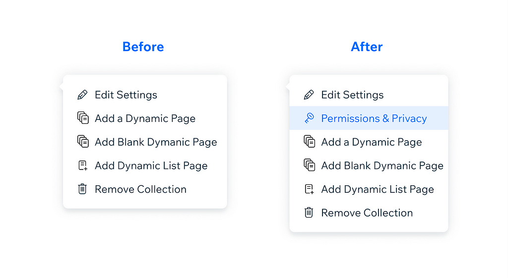 An image of the ‘More actions’ menu before the change, in which there was no direct link to ‘Permissions and Privacy’ and an image of how the menu was improved to include a direct link to ‘Permissions and Privacy.’