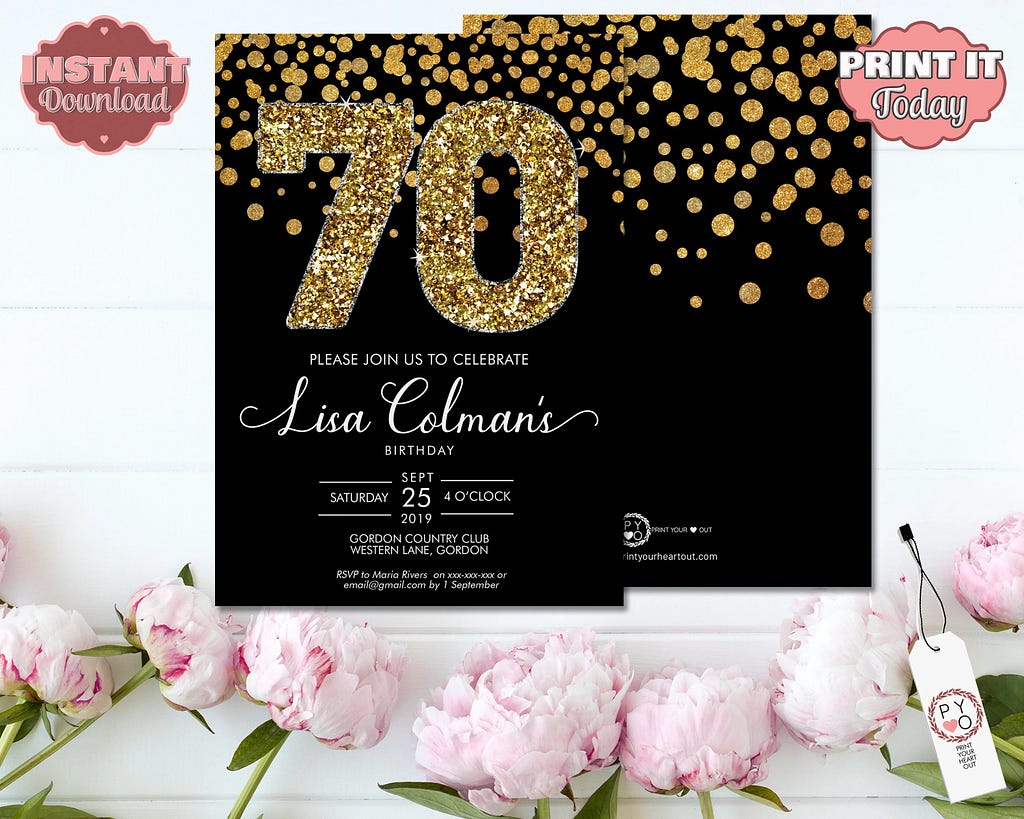 DIY 70th Birthday Confetti Invitation Printable Template, Black Gold Glitter Editable Birthday