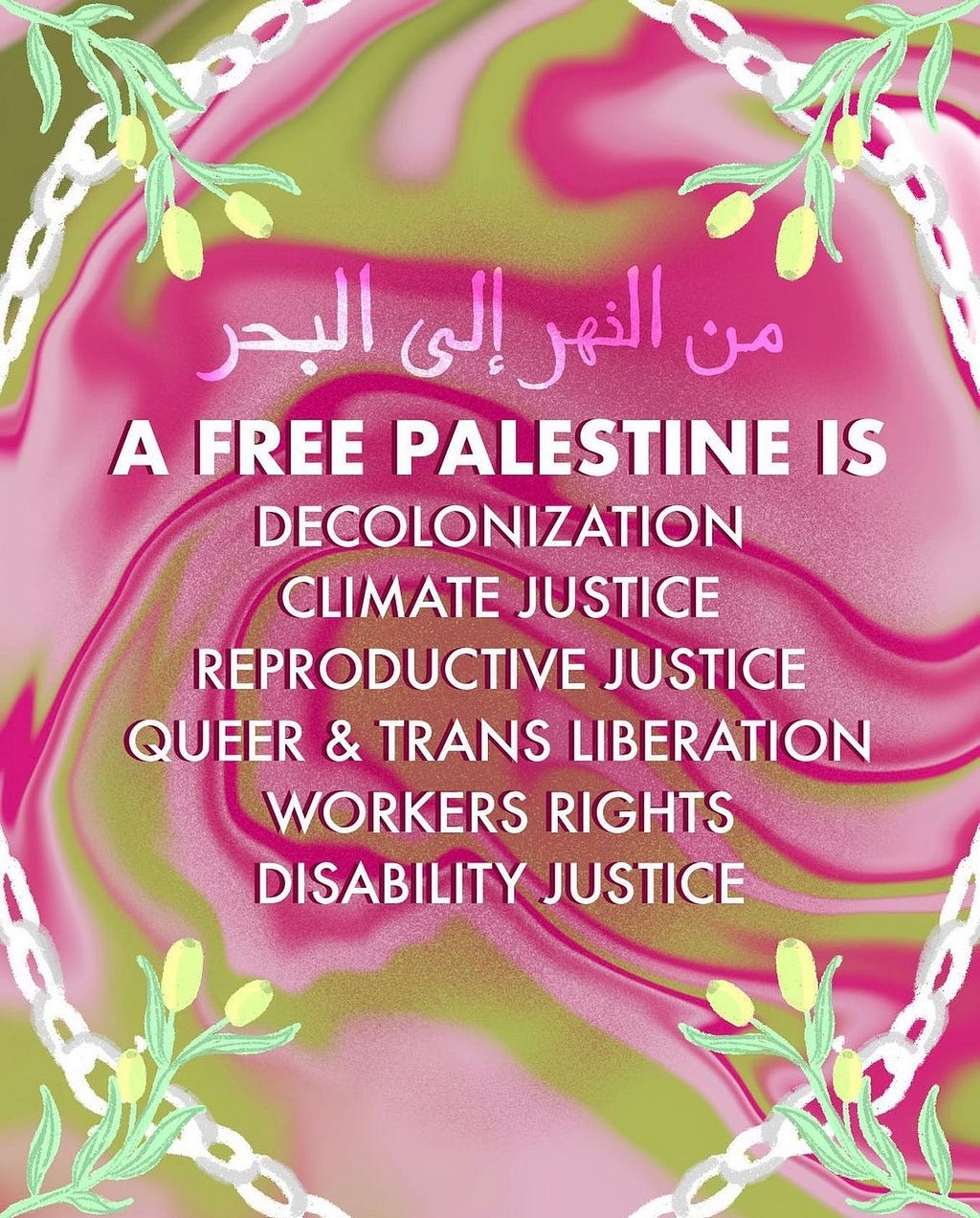 A meme with a pink and green swirling lines, flowers and chains with the words in Arabic: “من الزهر الي البحر“ which translates to “From flowers to the sea” and the words in English: “A Free Palestine is Decolonization Climate Justice Reproductive Justice Queer & Trans Liberation Workers Rights Disability Justice”