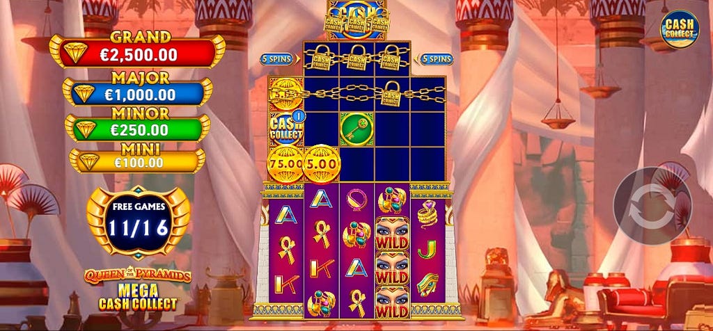 Screenshot of Queen of the Pyramids: Mega Cash Collect Free Spins Feature — Playtech Origins