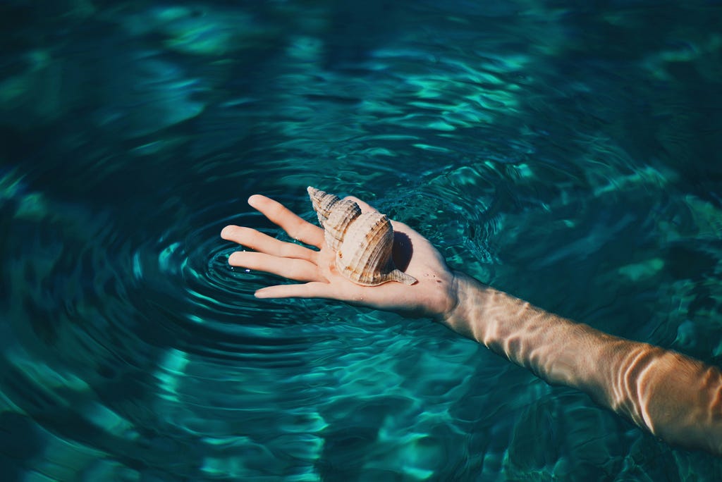 Outstretched hand holding a shell over rippling water.