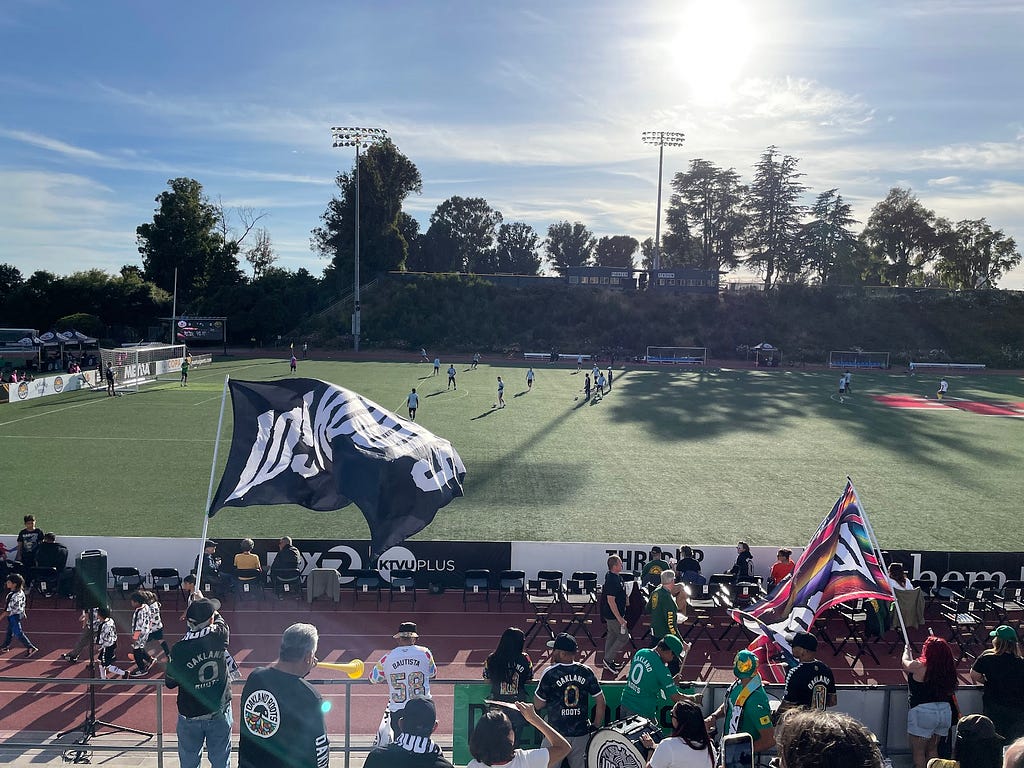 Oakland Roots fans wave their flags and cheer on their team as the game plays out.