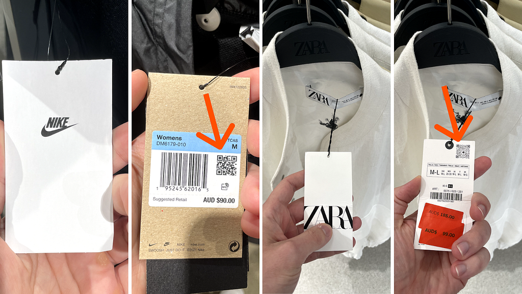Nike and Zara use QR codes on their product swing tags and throughout their stores.
