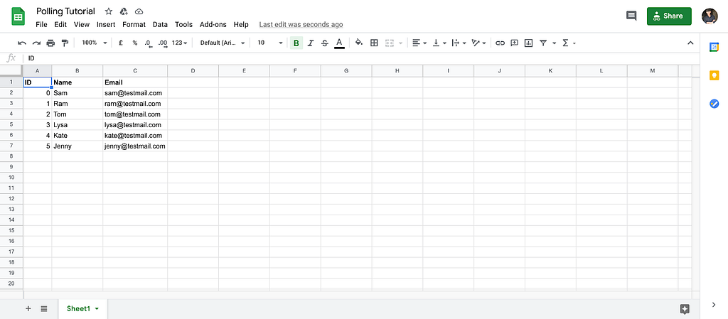 Google Sheet used in this tutorial