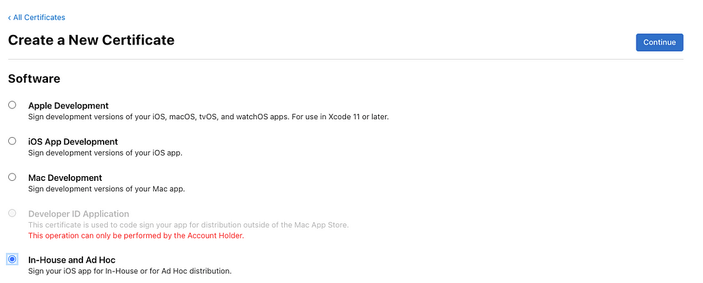 A view of the Apple Developer Portal when creating a in-house certificate