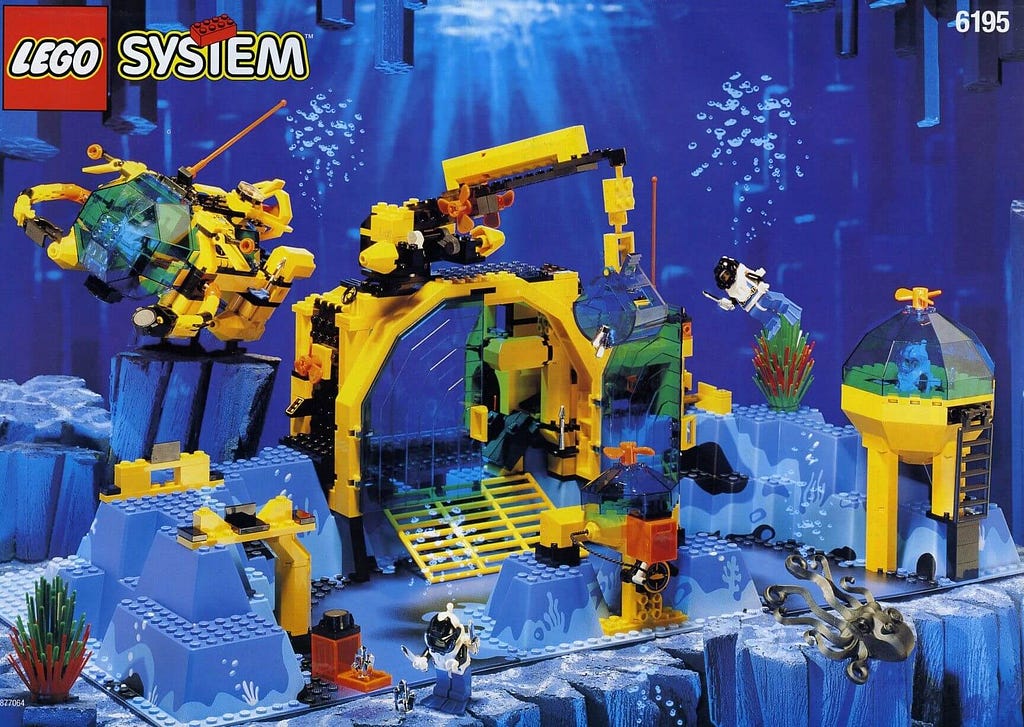 A picture of a submarine themed lego set.