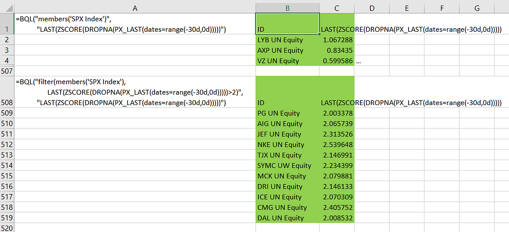 Excel screen with BQL formulas