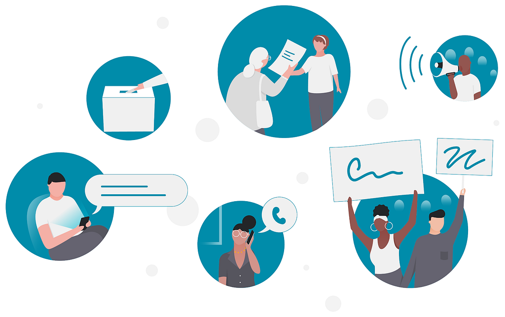 White background, small teal circles with illustrations depicting different organizing activities — a person handing a piece of paper to another person, a person holding a megaphone, sending a text, and talking on the phone; and two people holding up signs.