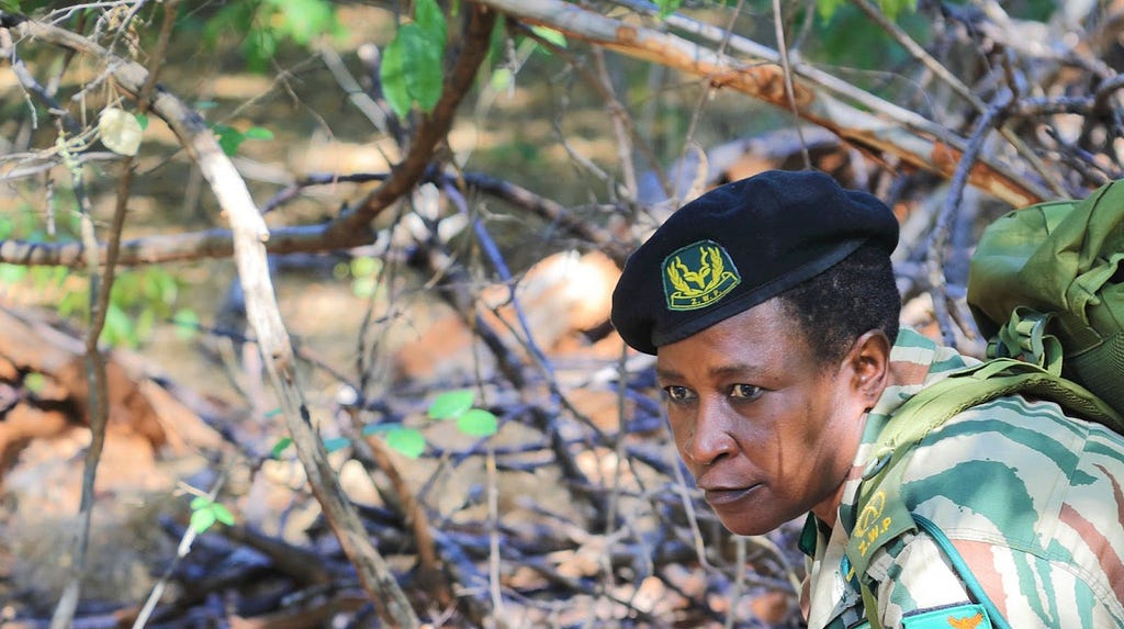 A women warden for Lower Zambezi National Park in Zambia looks off into the forest.