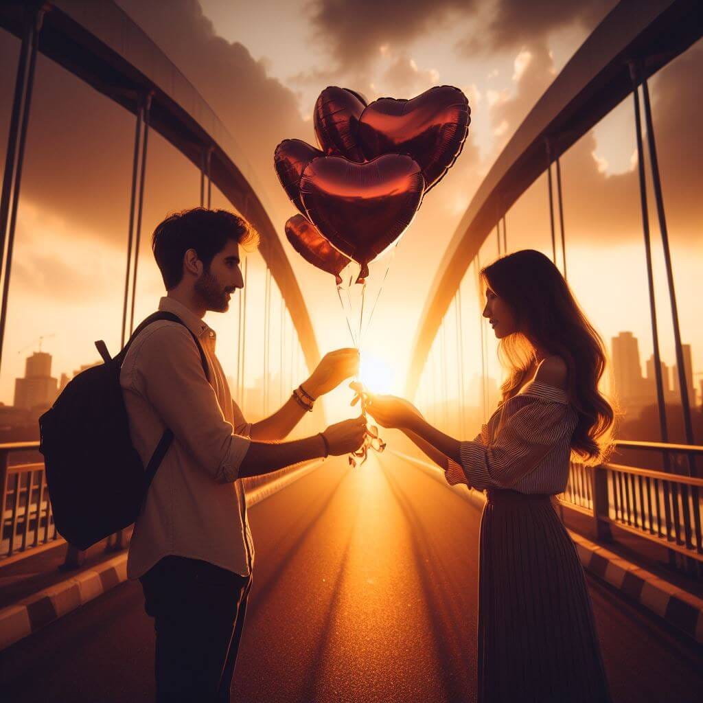 A guy and a lady are seen giving each other love balloons.
