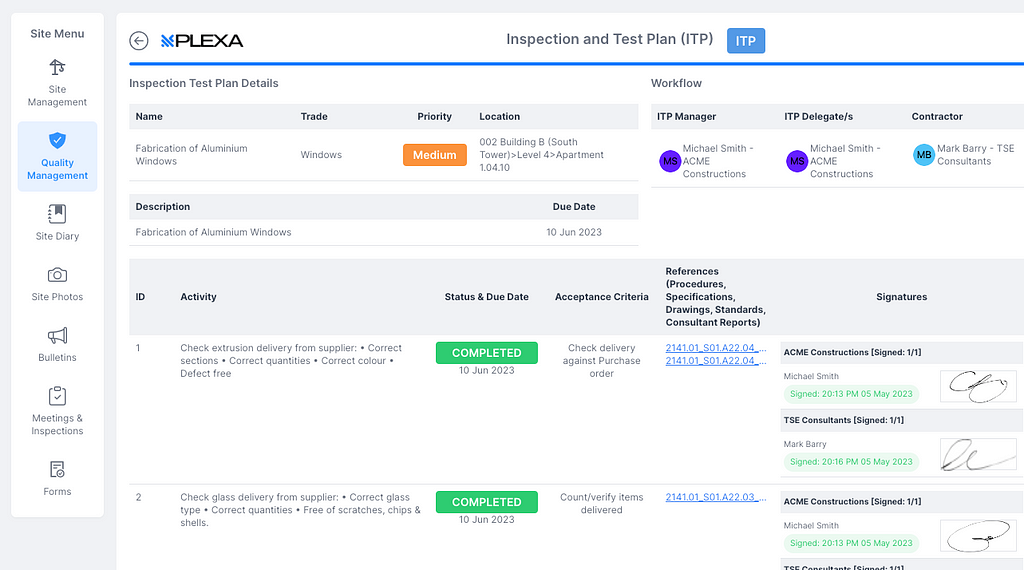 Plexa Construction Quality Software for managing ITPs and ITC, inspection test plans