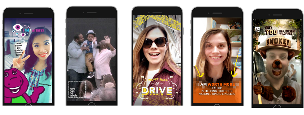 Different Snapchat lenses are shown on various phones. Lenses include Love Has No Label, Dont Text and Drive and Smokey Bear.