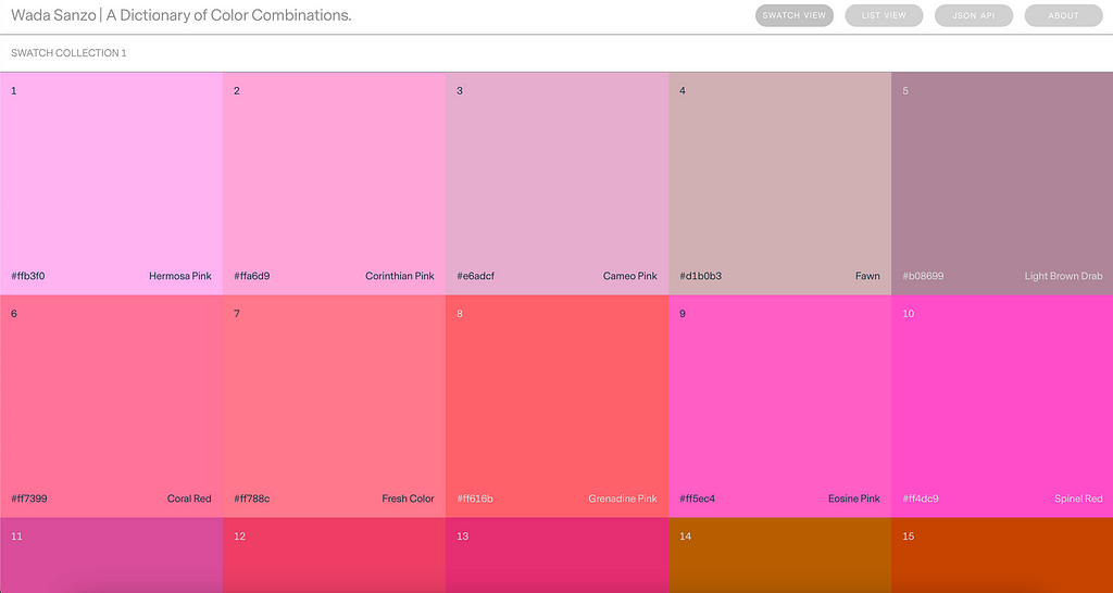 Screenshot of the website Sanzo Wada Color Combinations Index