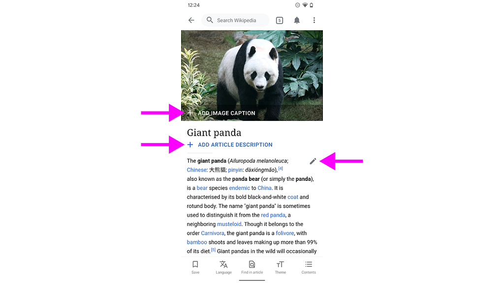 Highlighting different editing features on Panda Wikipedia article