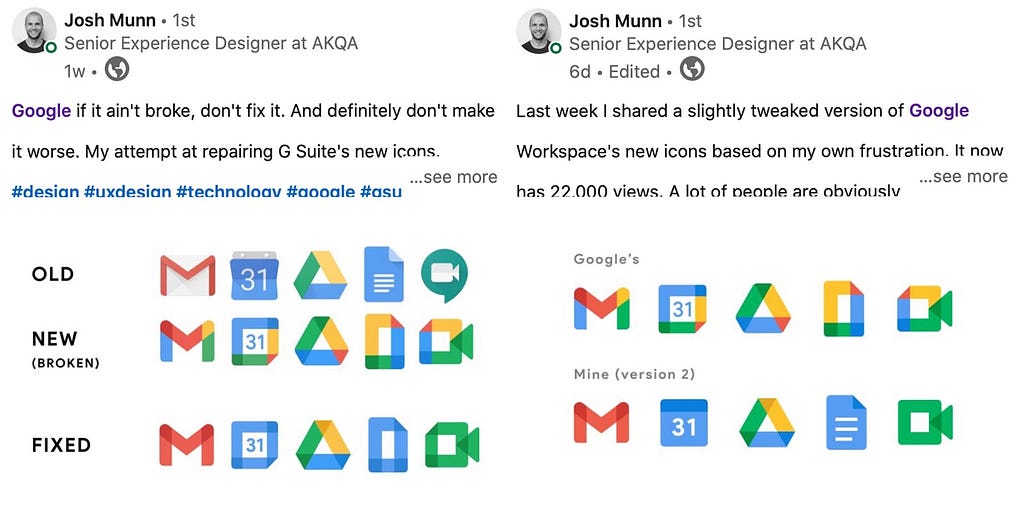 A designer, Josh Munn’s, concept for how Google could better design their icons.