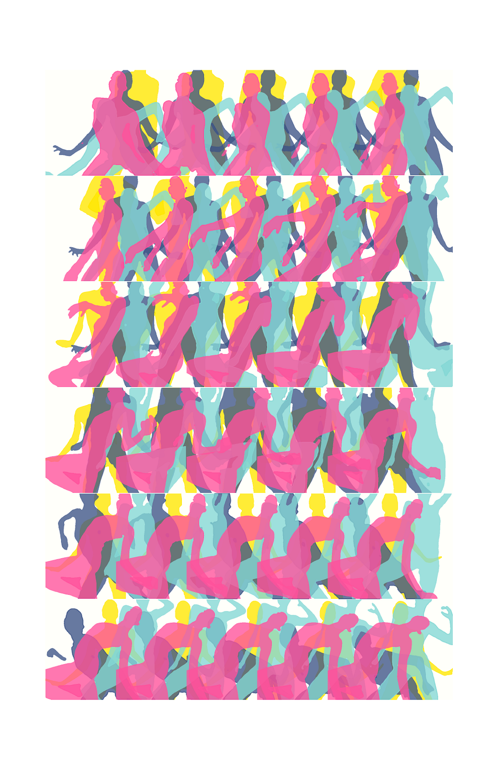 Six rows of a figure caught in various movements depicted in layers of the colors-yellow, blue-gray, turquoise, and pink.