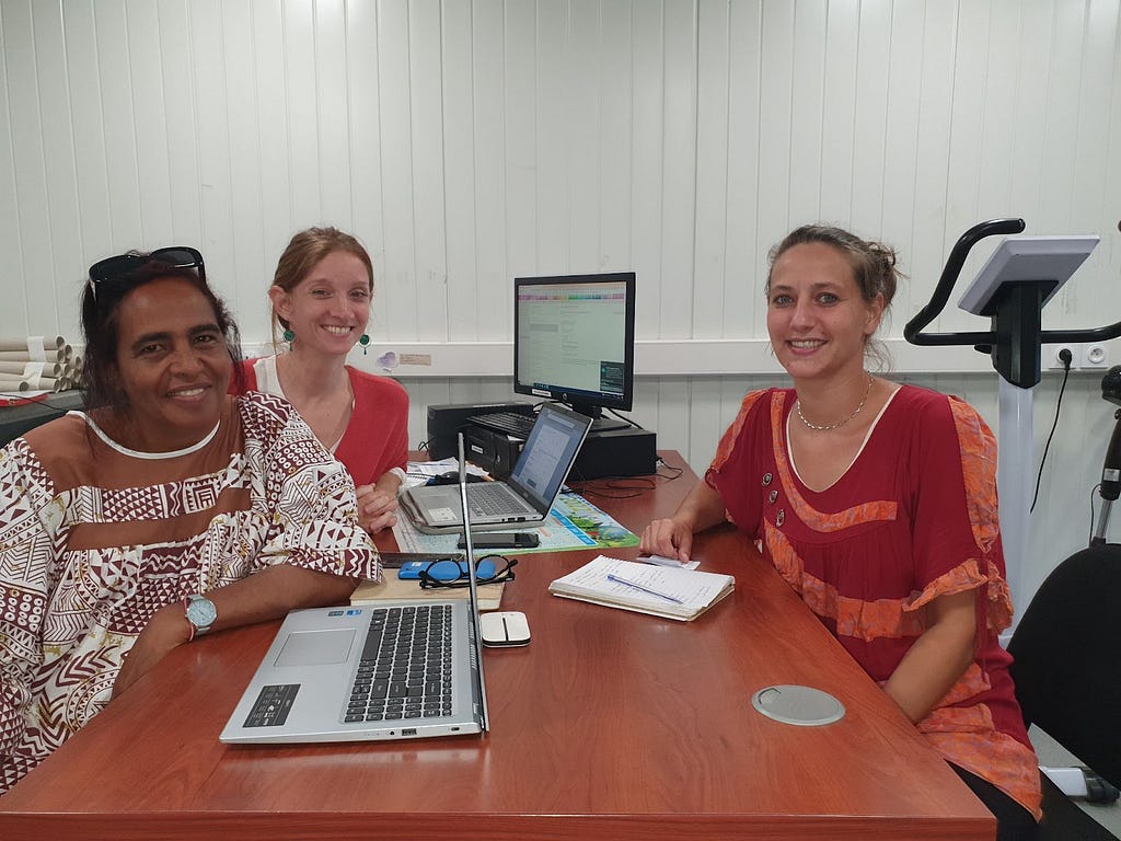 Marguerite (Copa) Wanaxaeng, Stéphanie Fabre, and Maud Seguin — members of the research team at a medical center in Drehu (Lifou).