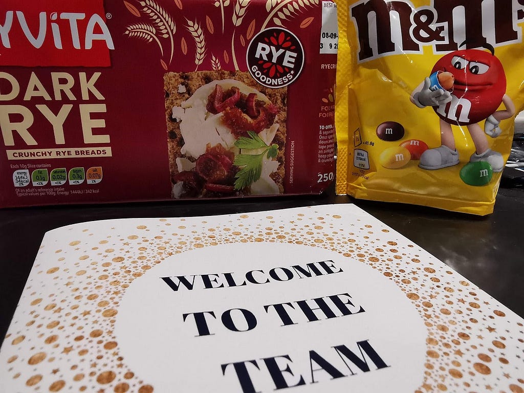 Welcome to the team bundle consisting of a card, some crackers and M&M’s