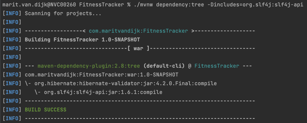 Command line showing the command `./mvnw dependency:tree -Dincludes=org.slf4j:slf4j-api` and it’s result.