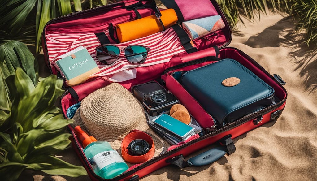 A suitcase with the perfect selection of travel essentials for a Bali holiday