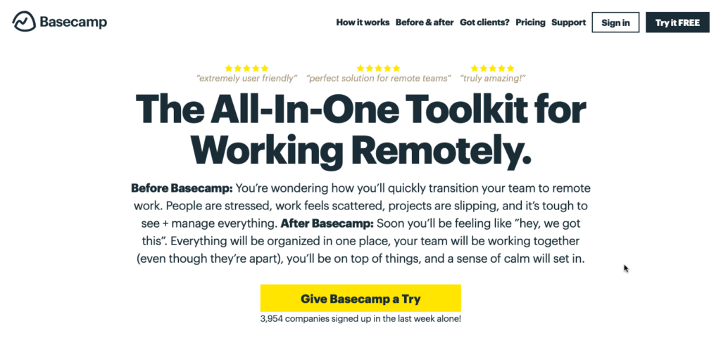 Screenshot of Basecamp’s Homepage Hero Copy