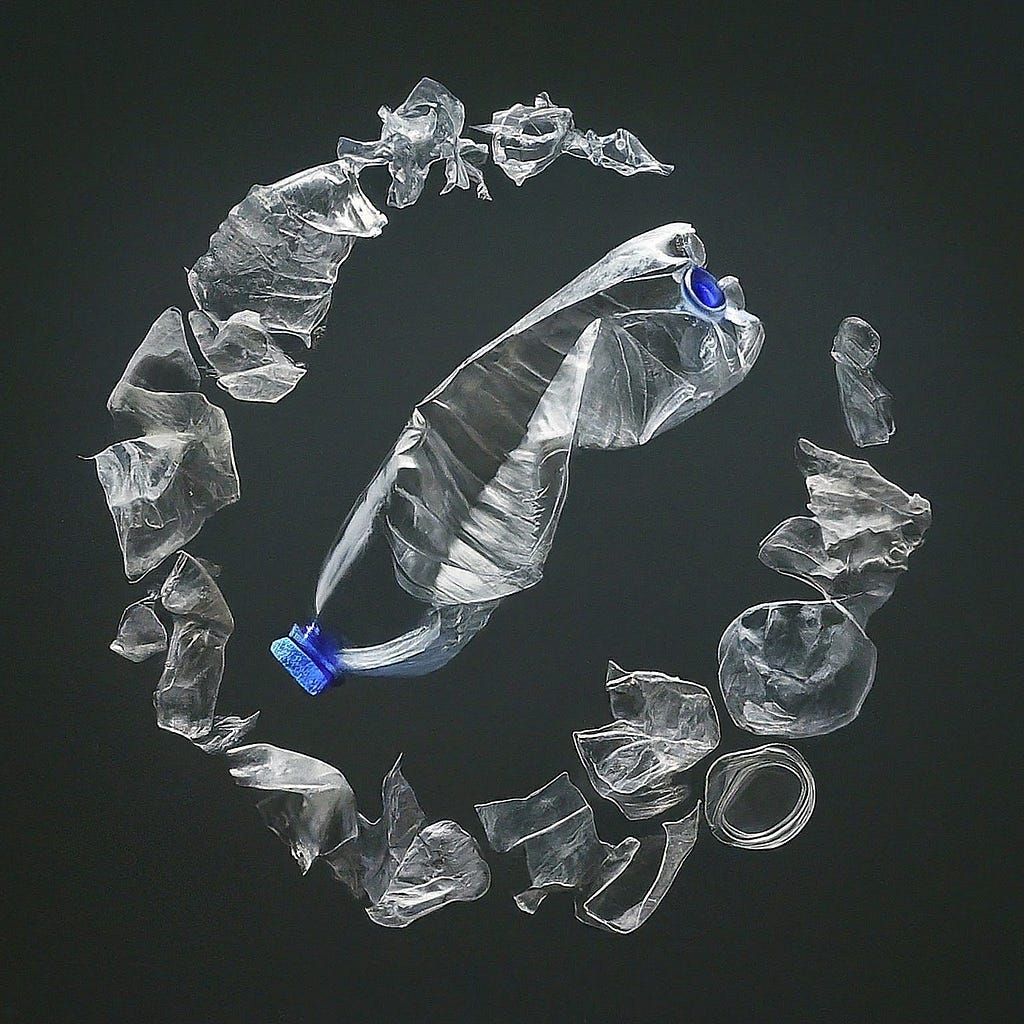 Crushed plastic bottle surrounded by plastic waste, illustrating the environmental impact measured by Life Cycle Analysis.