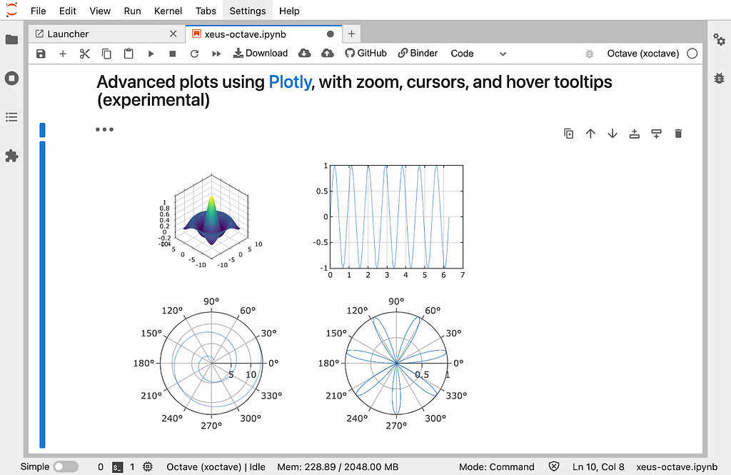 Screenshot of GNU Octave in action in Jupyter with the Plotly  plots