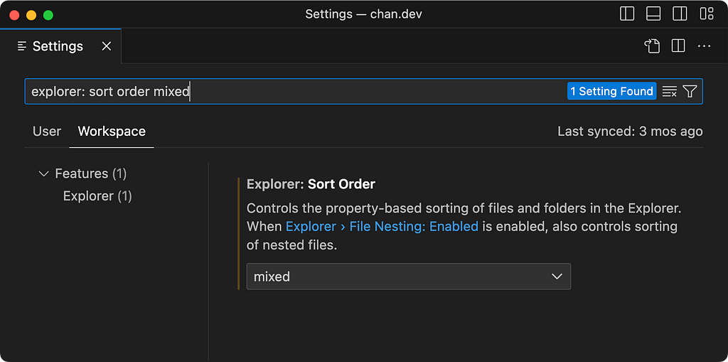 vs code settings explorer sort order mixed, code on black background