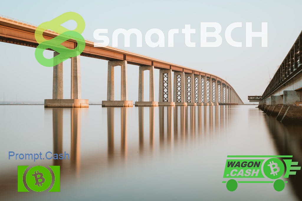 Image of two bridges crossing the sea. Added logos of smartbch, prompt.cash and wagon.cash