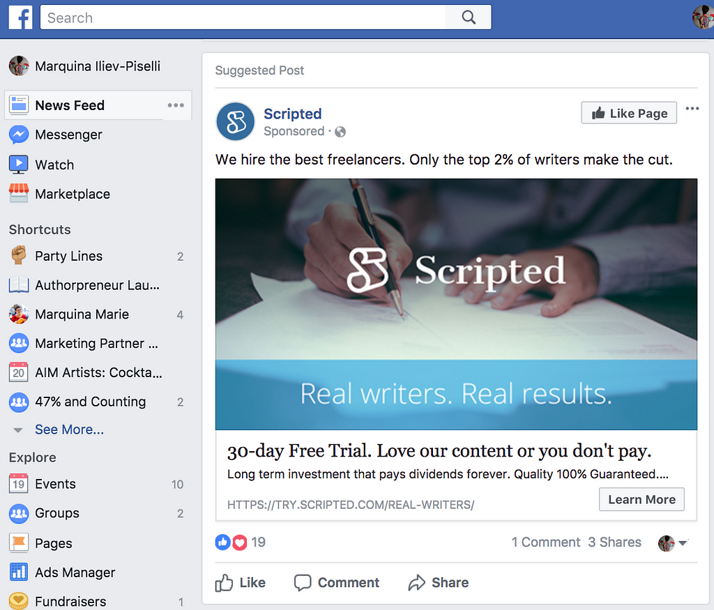 Facebook Sponsored Post for Scripted