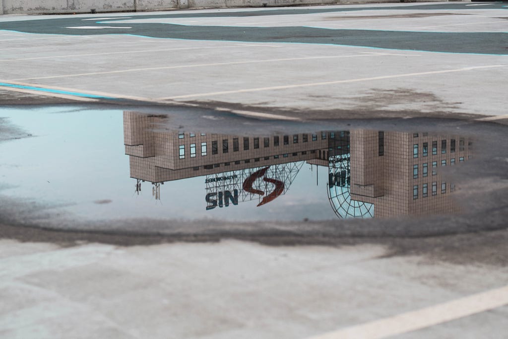 a reflection in a puddle of a building with the word SIN on it (the reflection is upside down and back to front, it is actually the name of a company called N.I.S.)
